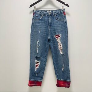 Gigi Hadid x Tommy Hillfiger Distressed Plaid Flannel Straight Jean, Blue, 28